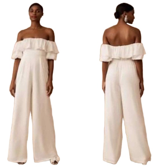 NWT Fame & Partners Anthropologie Jumpsuit Off Shoulder Ruffle Bridal White 14